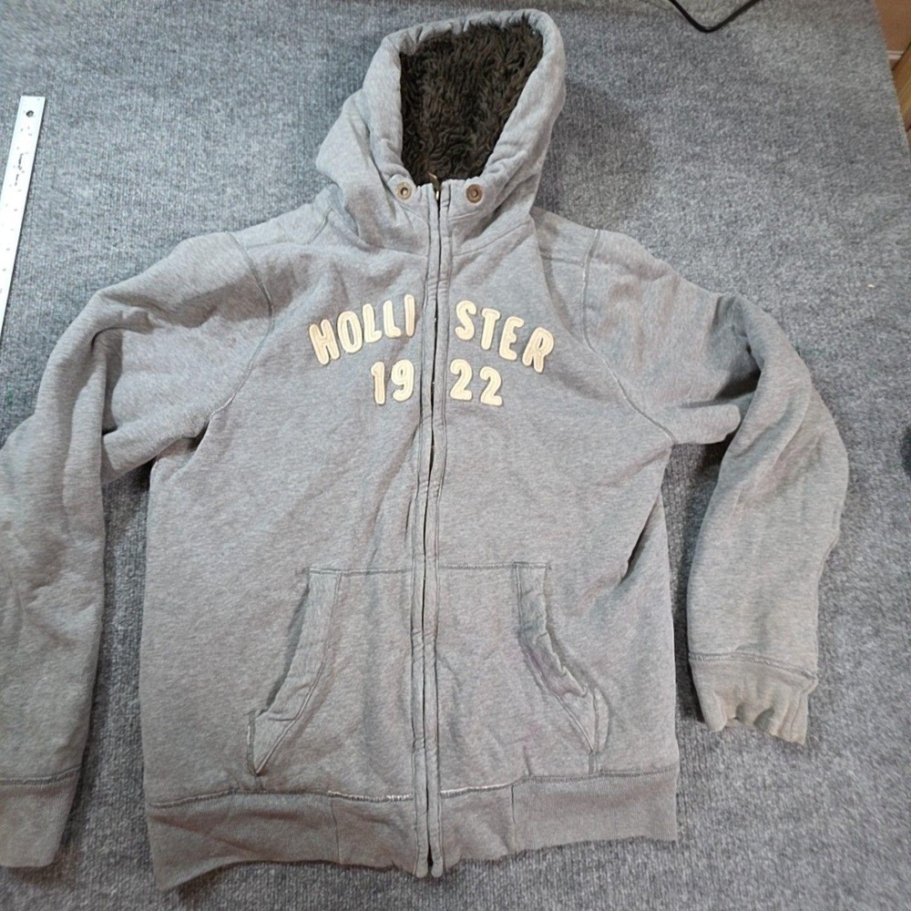 Hollister Hoodie Mens XL Gray Full Zip Fleece Sweatshirt Sherpa Lined 1922 Logo